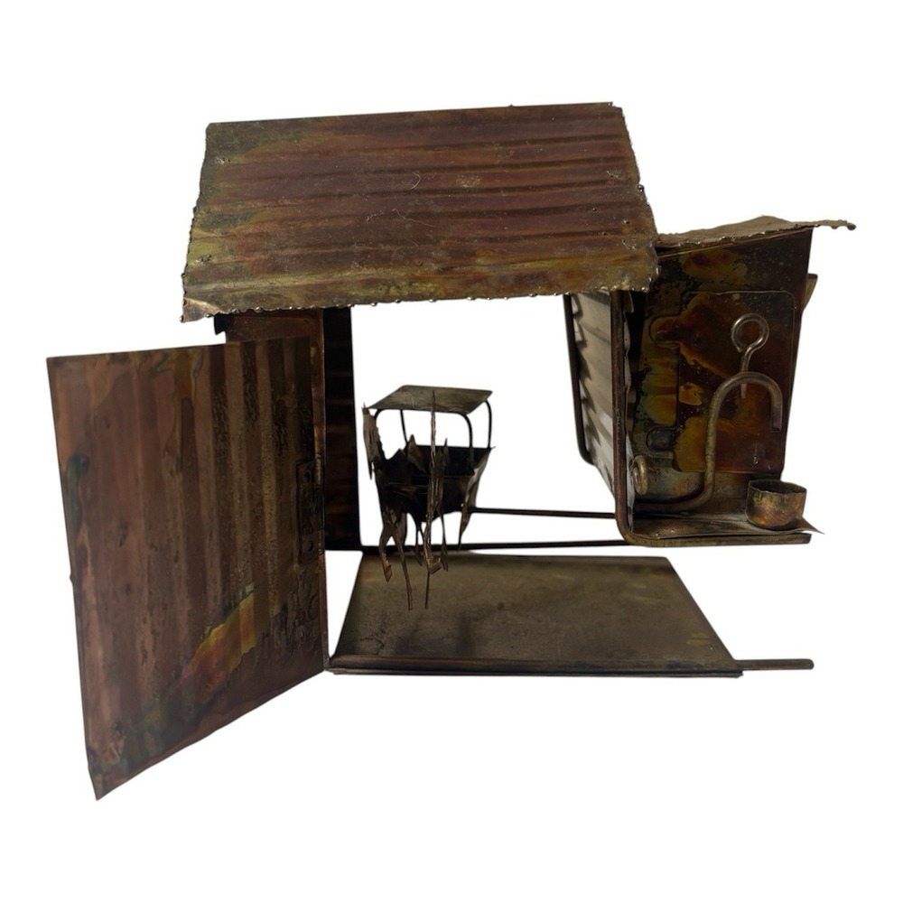 Vintage Copper Tin Metal Music Box Horse Carriage Barn Moving Folk Art Decor